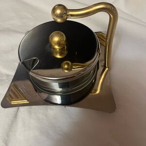 Italian Stainless Steel and Gold Accent Sugar Bowl with Lid and Stand